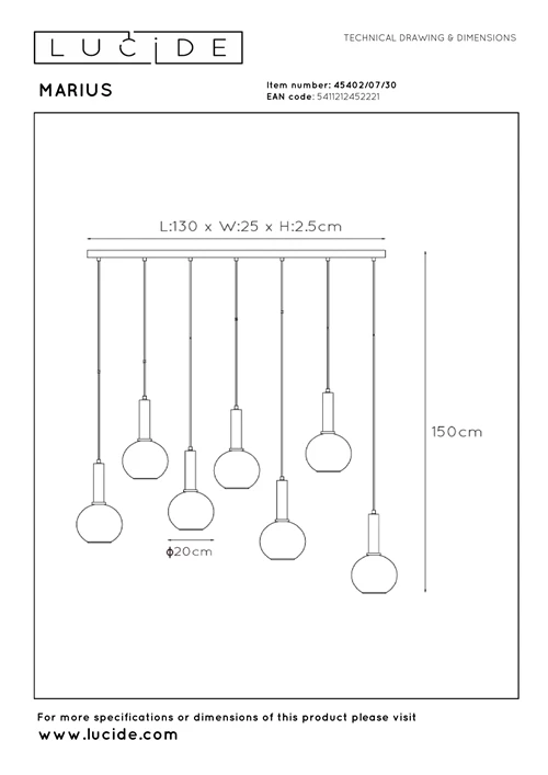 Lucide MARIUS - Pendant light - 7xE27 - Black - technical